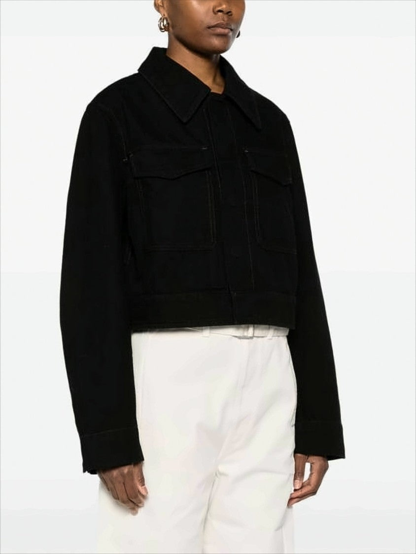 Lemaire Cropped Black Denim Jacket With Boxy Silhouette And Classic Collar