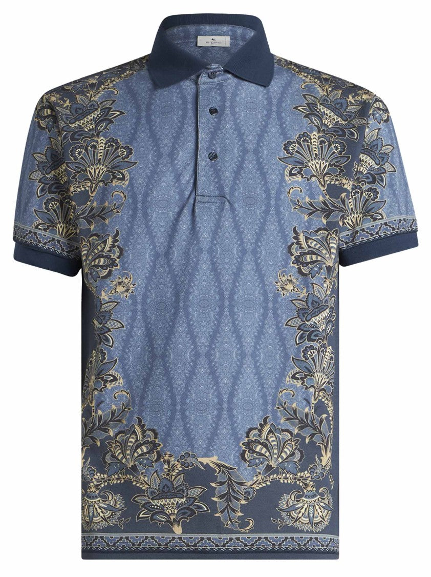 Etro Paisley Motif Cotton Polo Shirt In Clear Blue