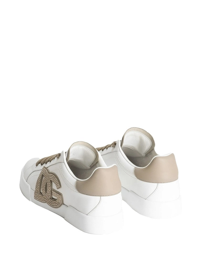 Dolce & Gabbana White Low-Top Leather Embellished Logo Sneakers
