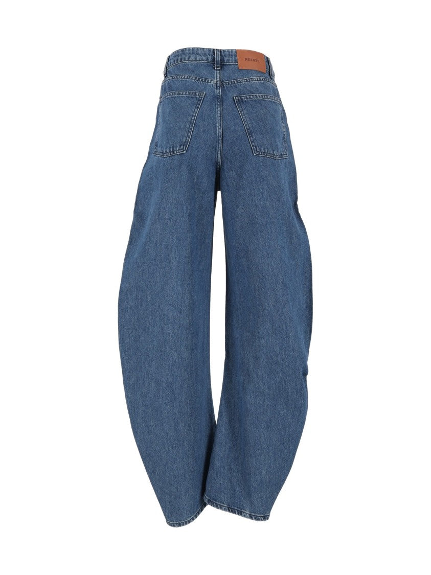 Rotate Medium Blue Regular-Fit Denim Draped Barrel-Leg Jeans