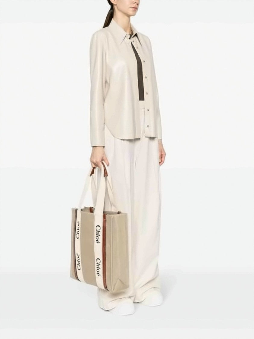 Chloé Structured Linen Tote Bag With Calf Leather Accents