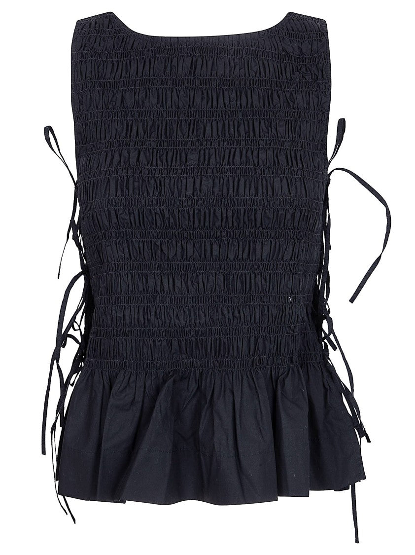 Ganni Textured Black Cotton Poplin Top With Ruched Details