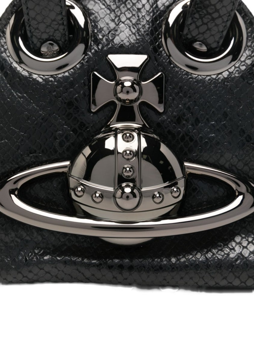 Vivienne Westwood Textured Black Handbag With Metallic Emblem And Chain Handles