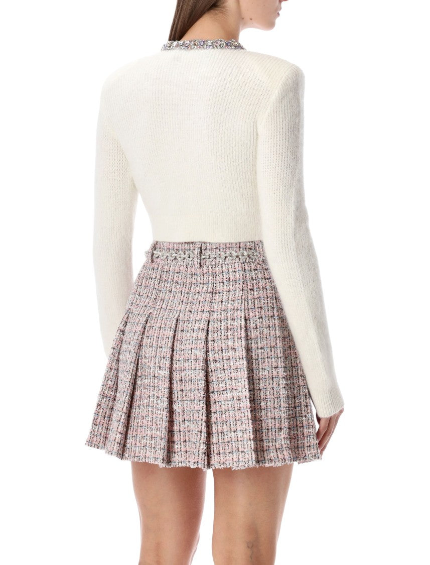 Self-Portrait Ivory Alpaca Cropped Cardigan With Crystal Trims