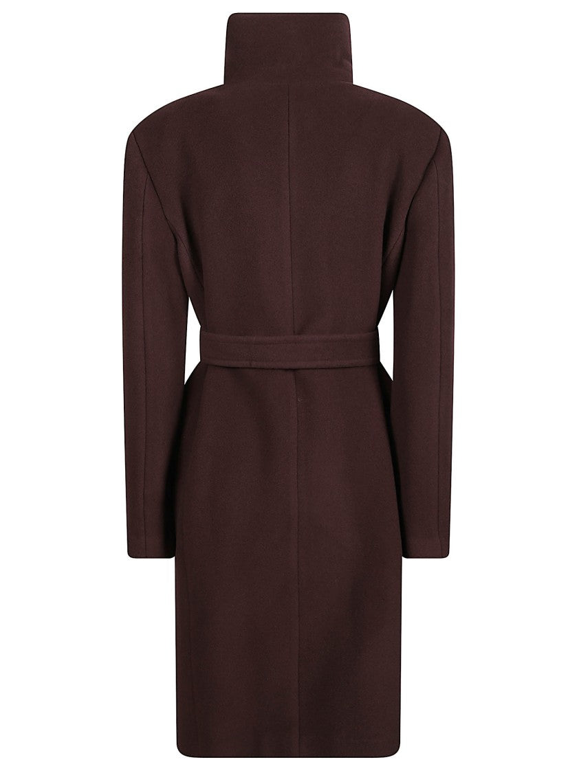 Pinko Belted Brown Wool Blend Coat With High Stand Collar