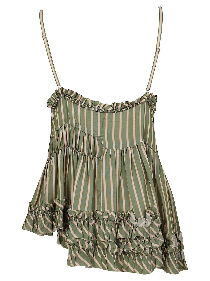 Dries Van Noten Asymmetrical Striped Satin Tank Top With Ruffled V-Neckline