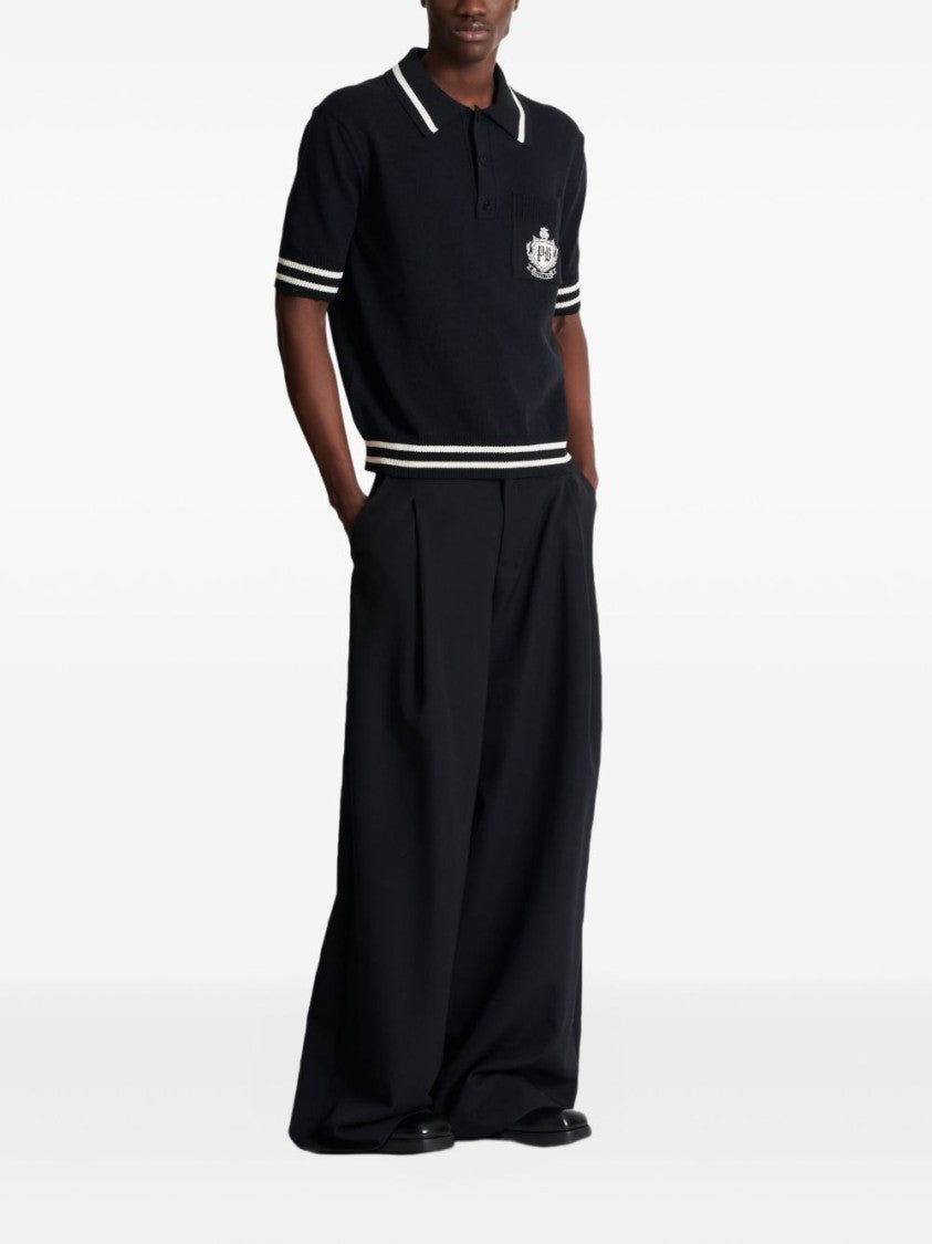 Balmain Black Ribbed Emblem Knit Polo Shirt