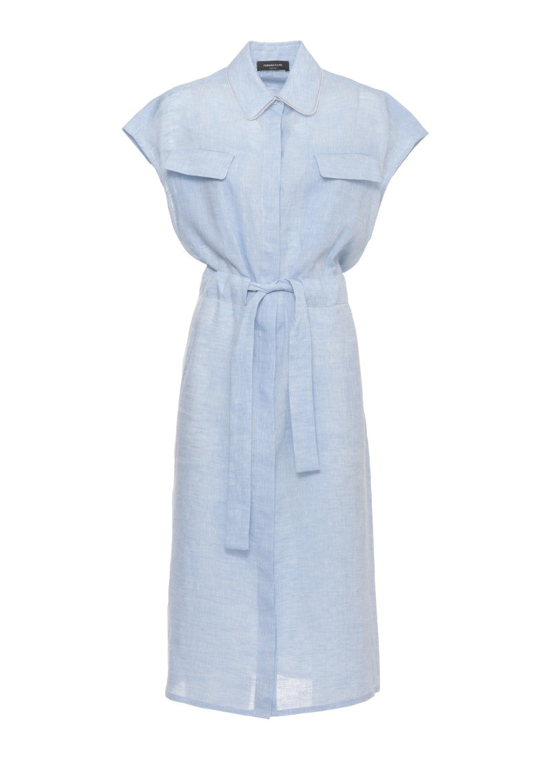 Fabiana Filippi Light Blue Linen Dress With Bright Collar Details And Waist Belt