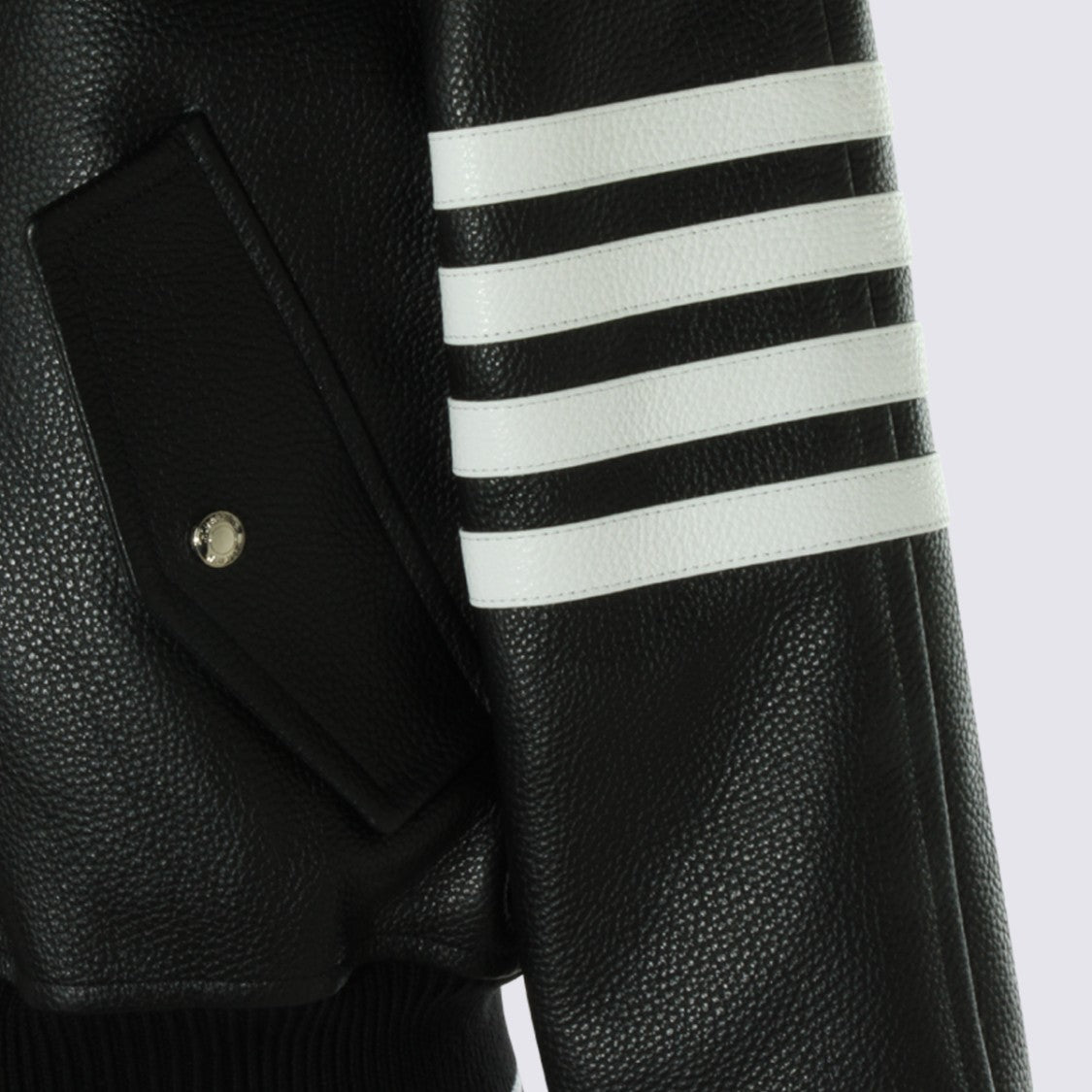 Thom Browne Textured Black Leather Bomber Jacket With Striped Detailing