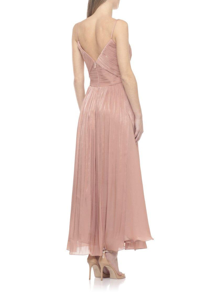 Costarellos Lurex Georgette Midi Dress With Deep V-Neck And Pleated Skirt