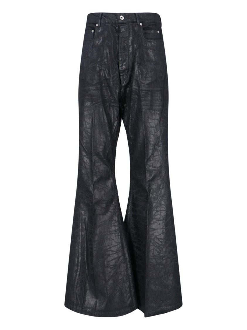 Rick Owens Bootcut Jeans With Metallic Finish And Flared Silhouette