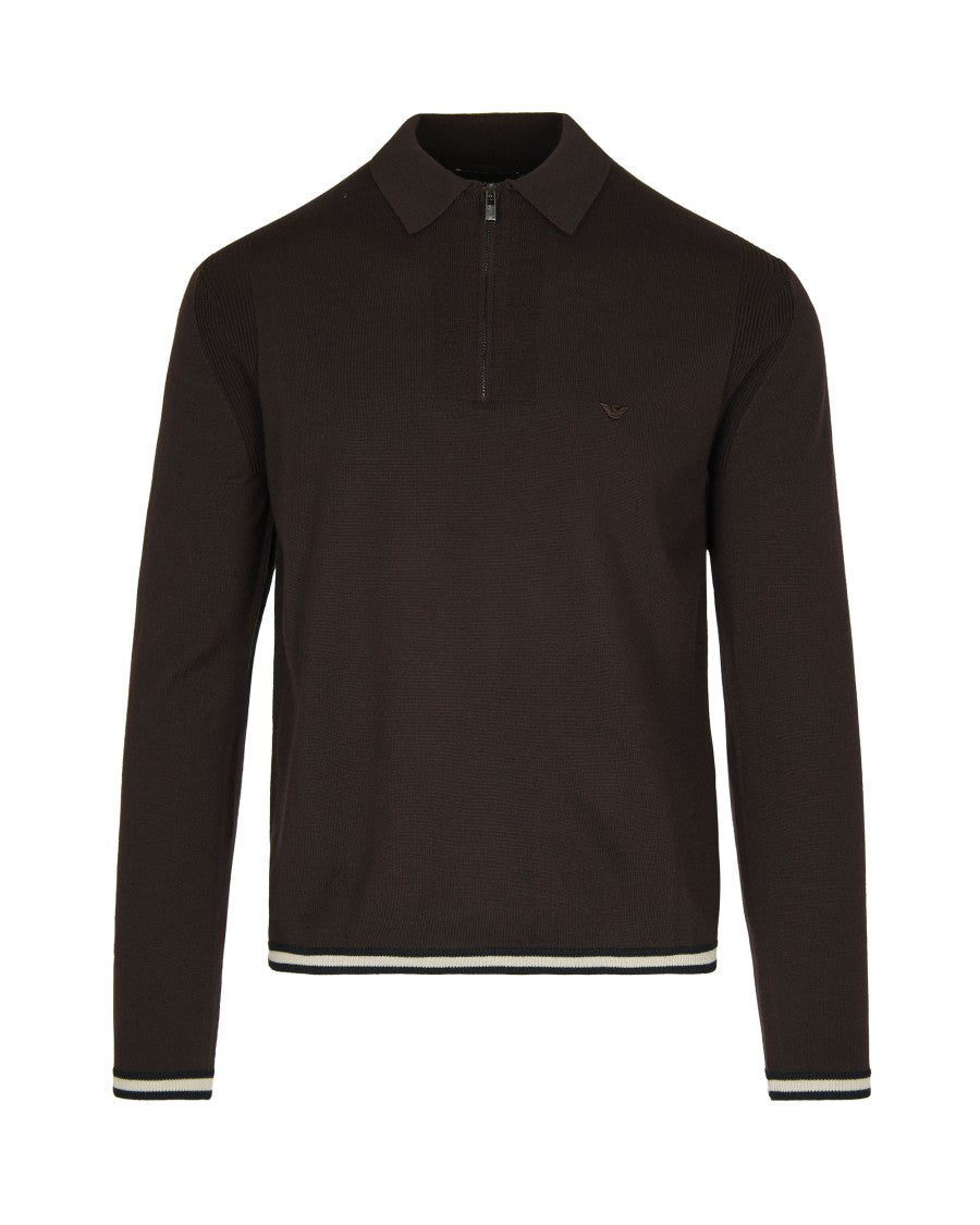 Emporio Armani Fitted Zip-Up Collar Knit Sweater With Contrasting Stripes