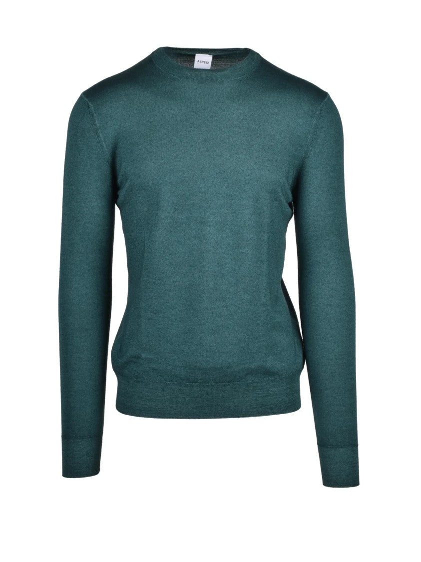 Aspesi Crew Neck Pullover In Fine-Knit Wool With Ribbed Details