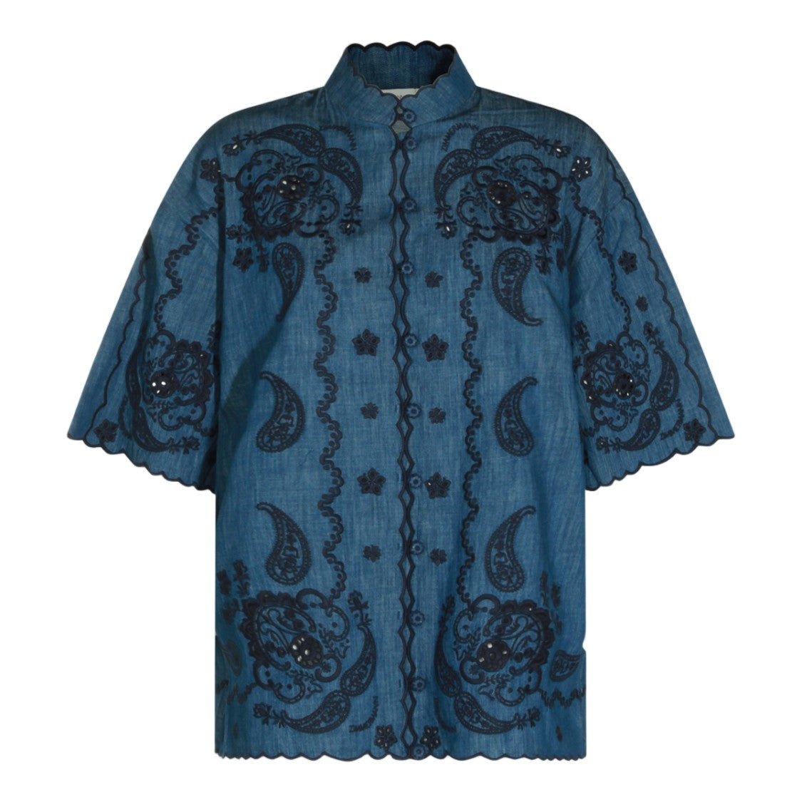 Zimmermann Blue Denim Shirt With Intricate Black Embroidery