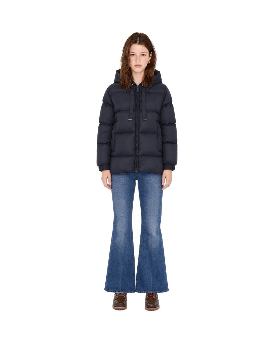 Max Mara Navy Blue Channel-Quilted Hooded Puffer Down Jacket