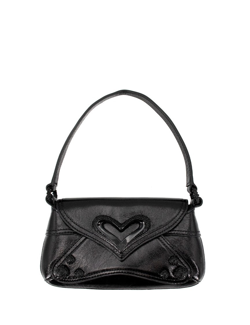 Pinko Vintage Patent-Finish Black Handbag With Heart-Shaped Buckle