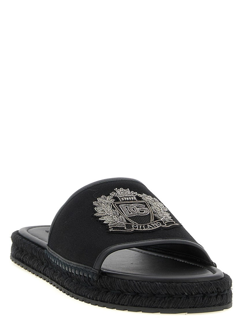 Dolce & Gabbana Leather Espadrilles With Embroidered Crest And Woven Midsole