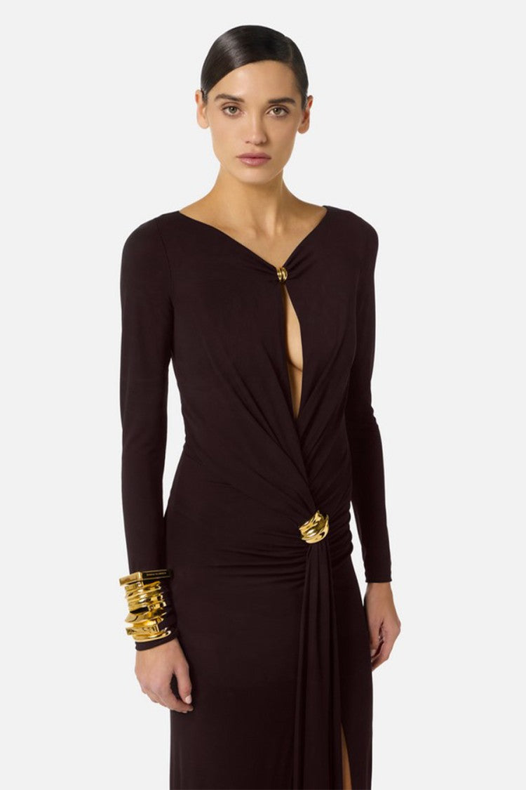 Elisabetta Franchi Brown Keyhole Cutout Draped Jewel Clasp Viscose-Blend Dress