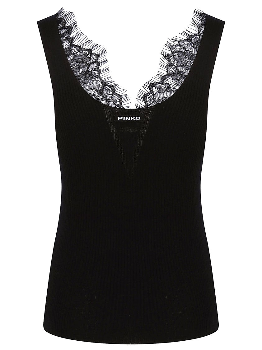 Pinko Oslo Fitted Black Lace Tank Top