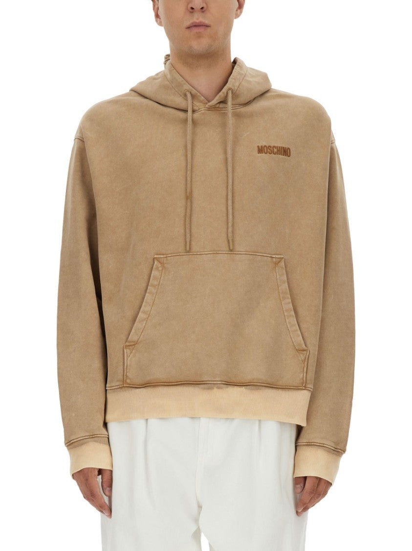 Moschino Washed Beige Hoodie With Logo And Studded Design