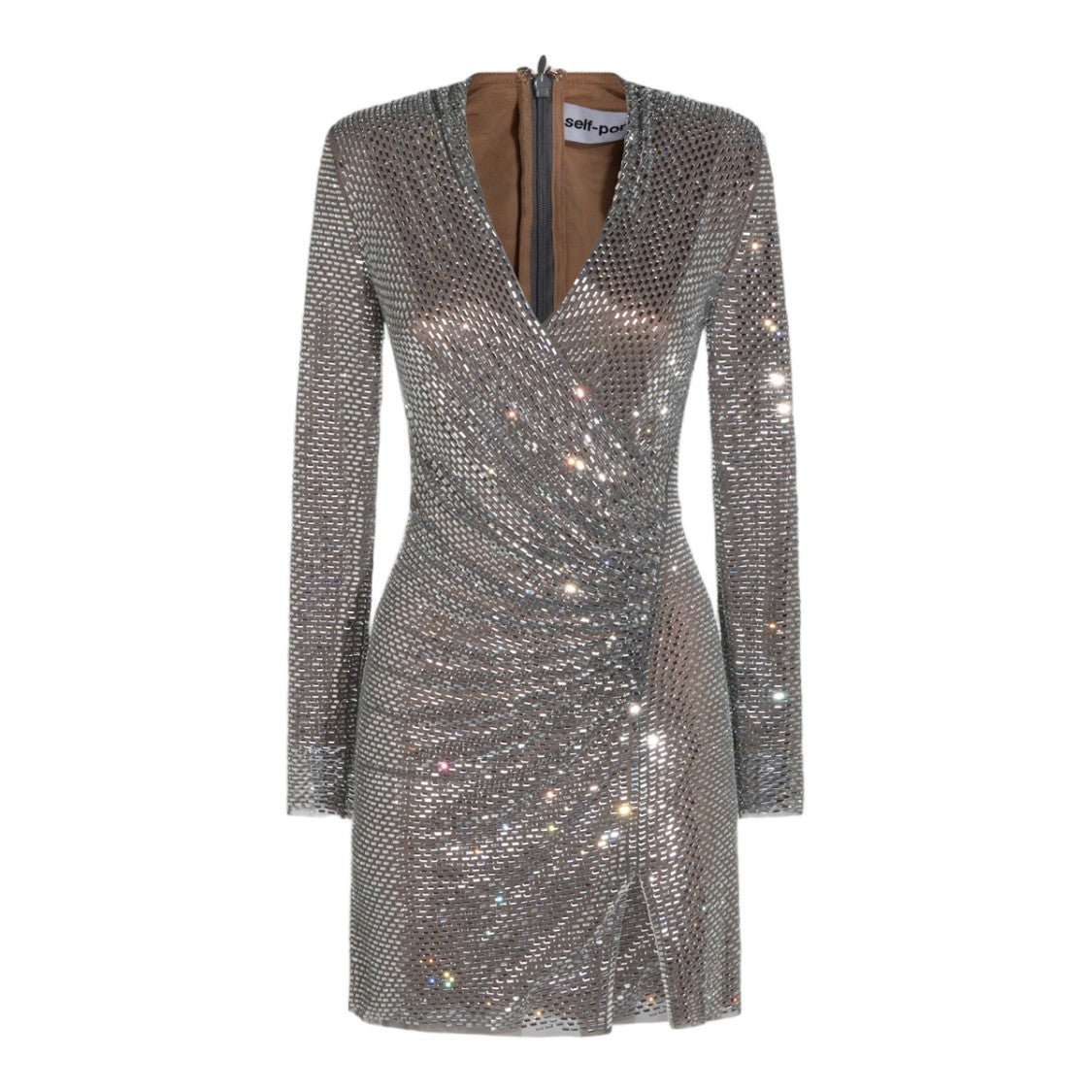 Self-Portrait Metallic Mesh Ruched Wrap Mini Dress