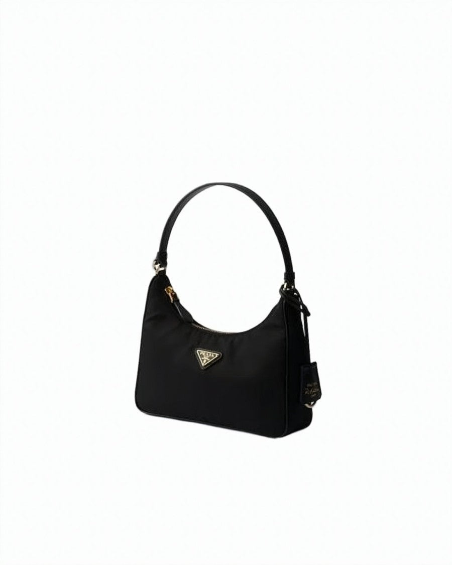 Prada Compact Black Polyamide Shoulder Bag With Leather Strap And Gold-Tone Hardware