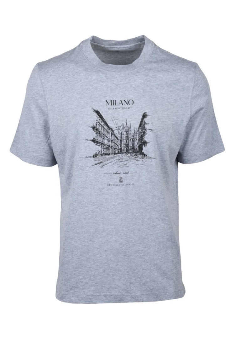 Brunello Cucinelli Cotton T-Shirt With Cityscape Sketch