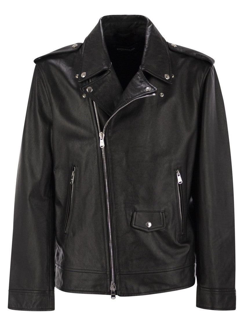 Dondup Black Biker Jacket In Nappa Leather