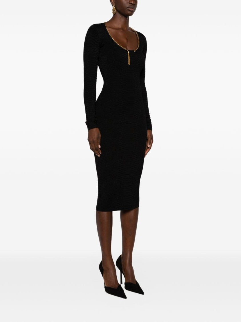 Elisabetta Franchi Black Textured Gold-Chain Accent Midi Dress
