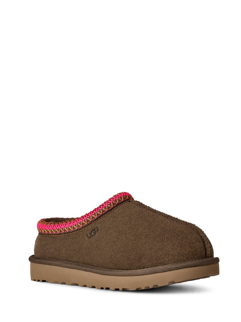 Ugg Dark Brown Slippers With Embroidered Pink Trim