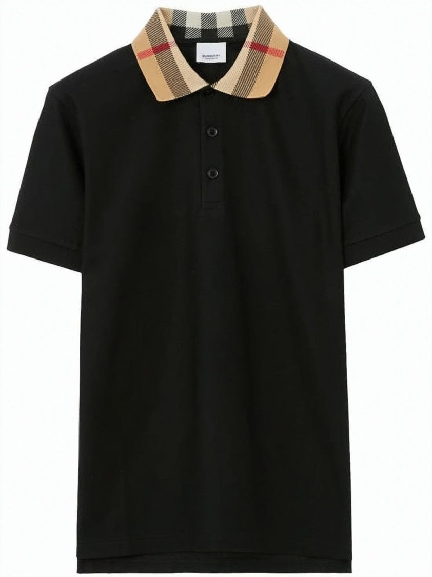 Burberry Classic Black Cotton Polo Shirt With Beige Check Collar