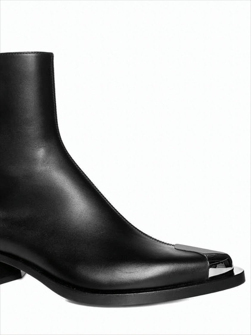 Alexander Mcqueen Smooth Leather Ankle Boots With Metallic Cap