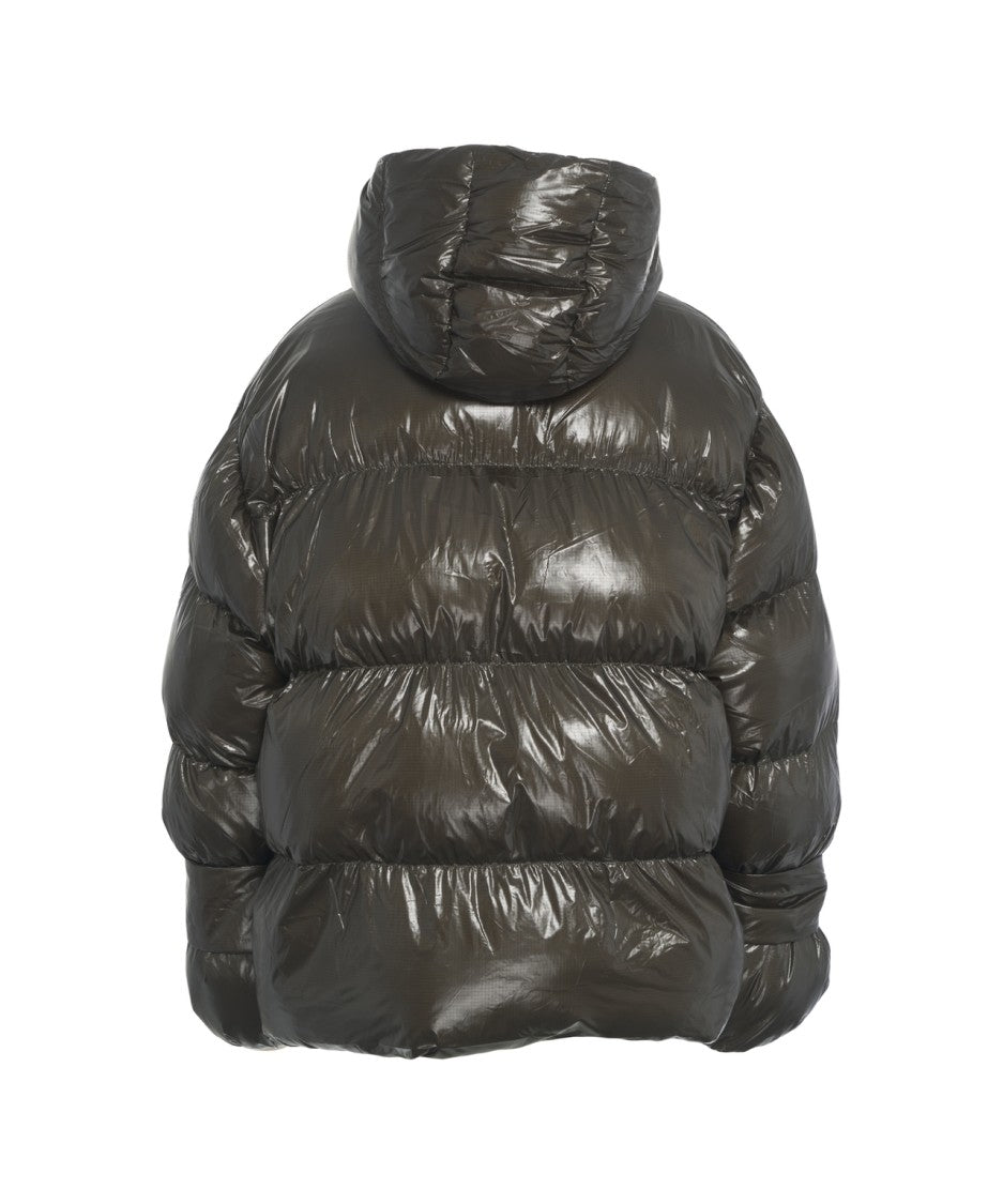 Oval Square Padded Green High-Collar Coat With Boxy Silhouette