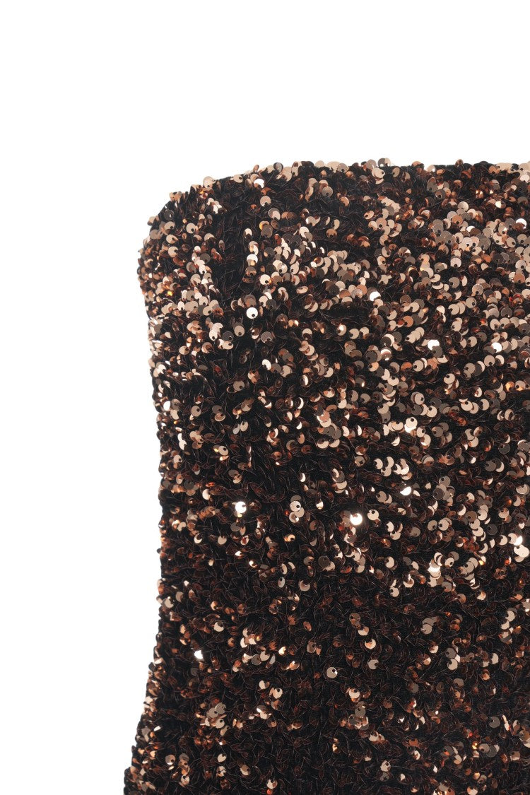 Gender Strapless Bronze Midi Dress With Sequin Embellishments