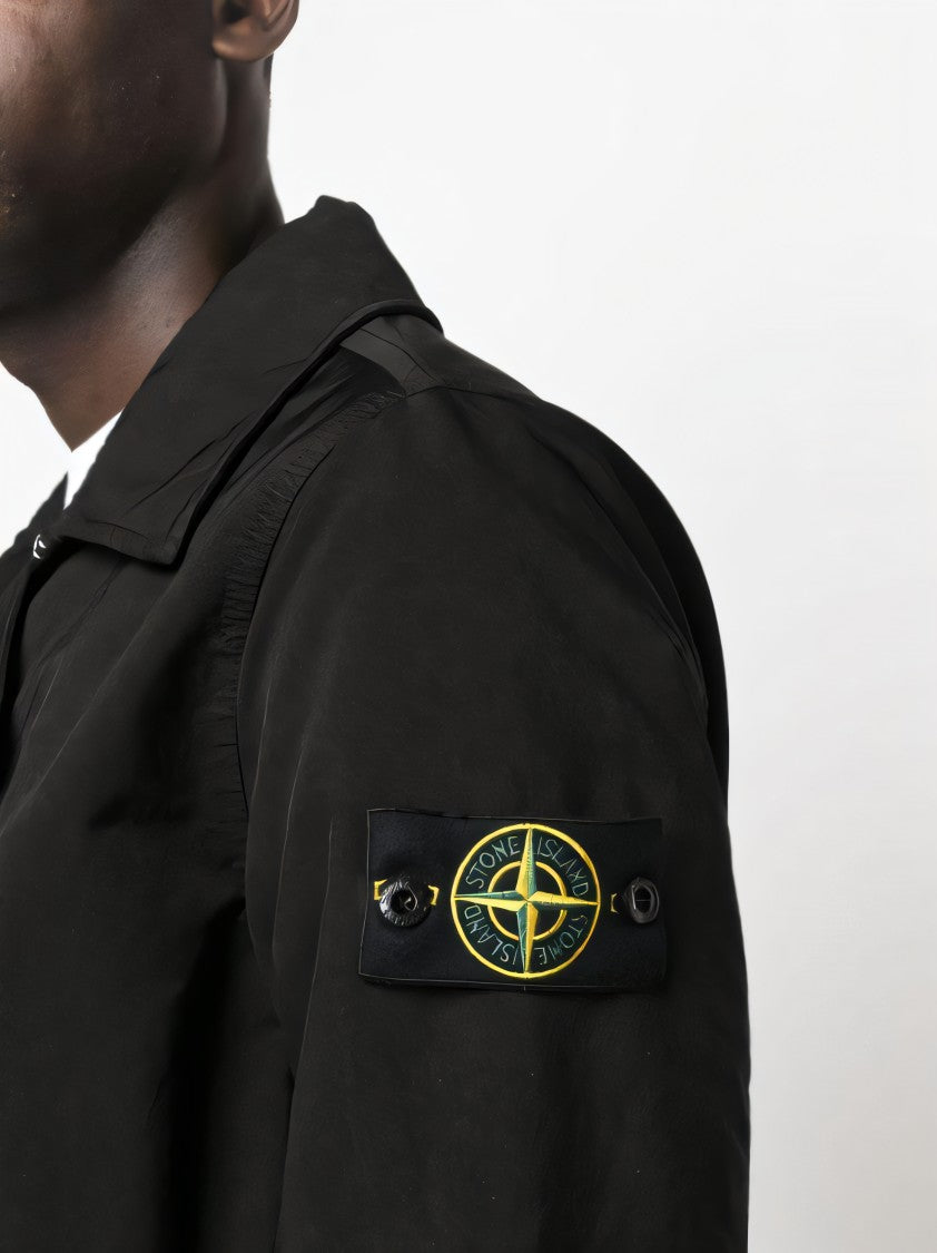 Stone Island Structured Black Coat With Button-Up Front