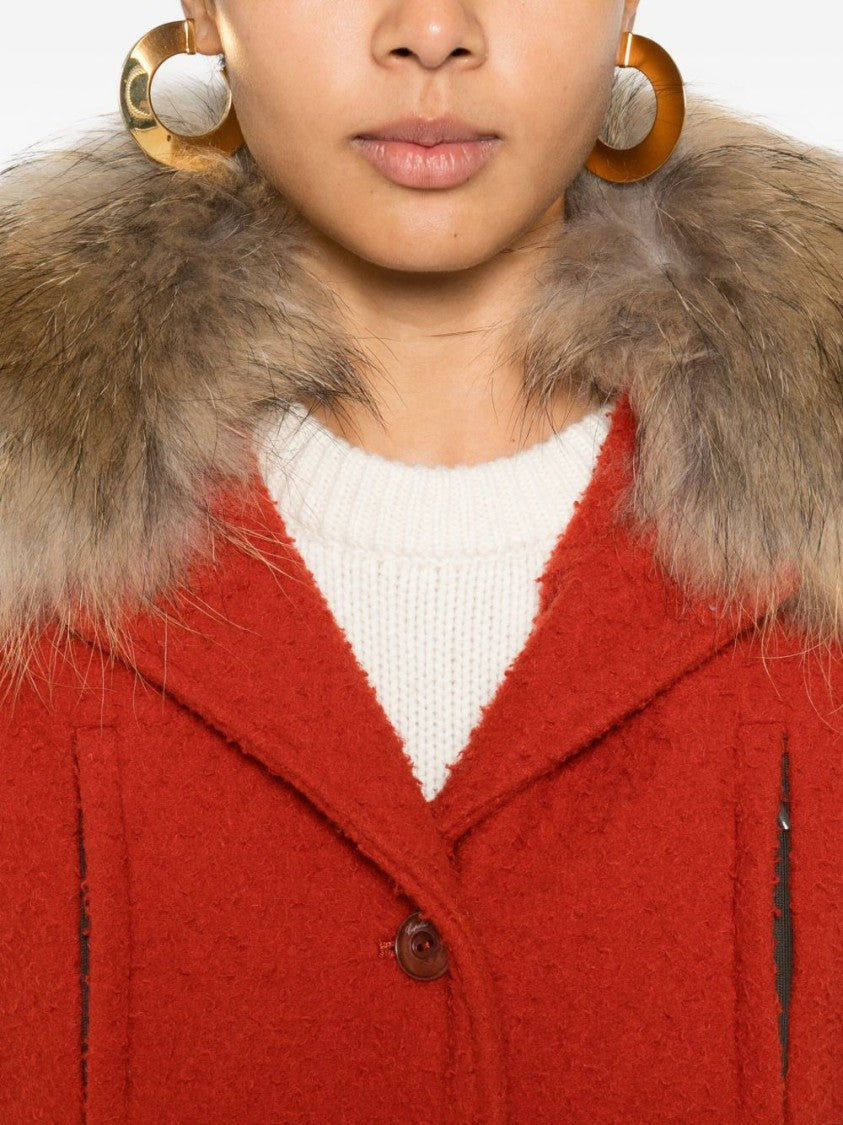 Capalbio Textured Red Wool Jacket With Fur Collar