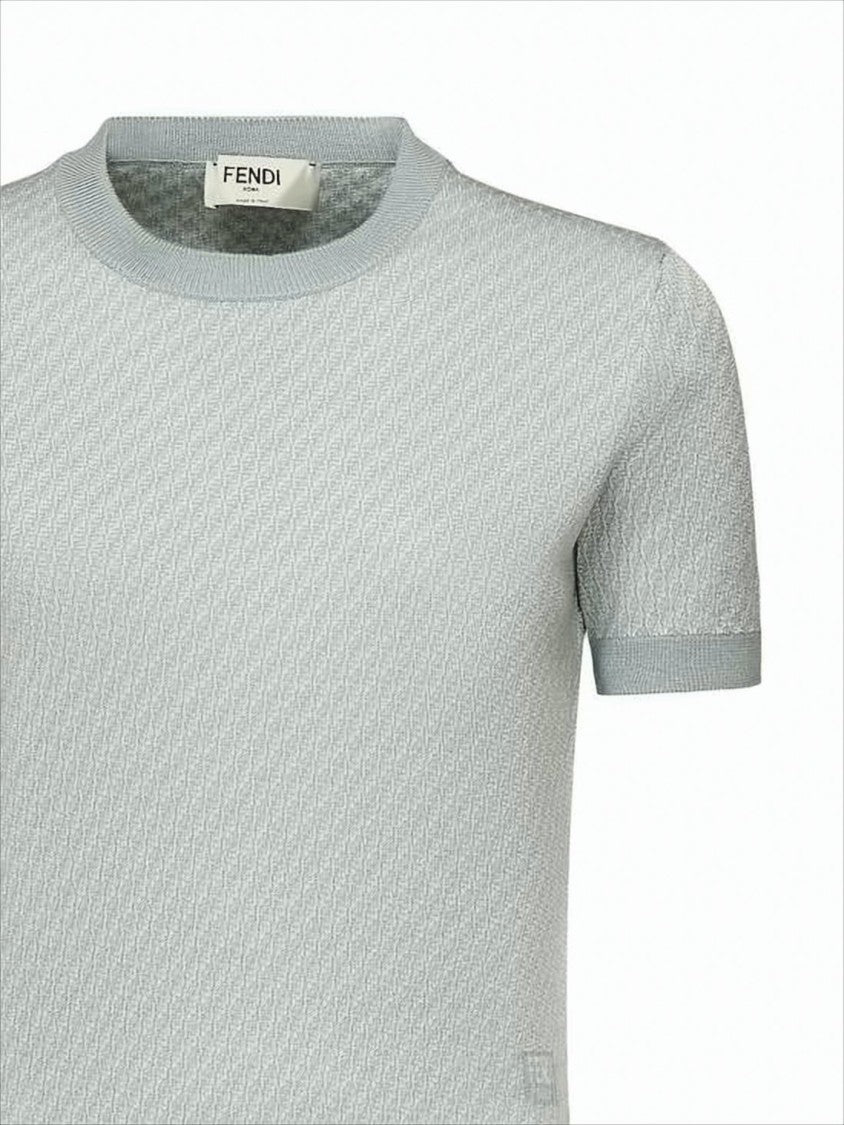 Fendi Textured Knit Short-Sleeve Sweater With Classic Crew Neck