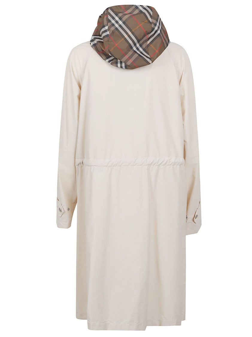 Burberry Light Neutral Stretch Nylon Parka With Detachable Burberry Check Hood