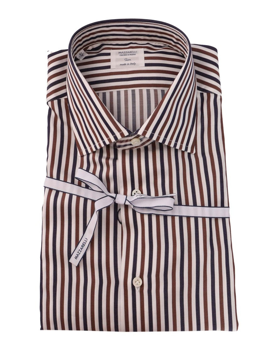 Mazzarelli Camicie Tailored Slim Fit Striped Shirt In Brown, Blue, And White