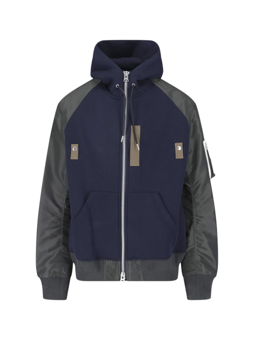 Sacai Hooded Bomber Jacket In Technical Fabric With Zip Closure