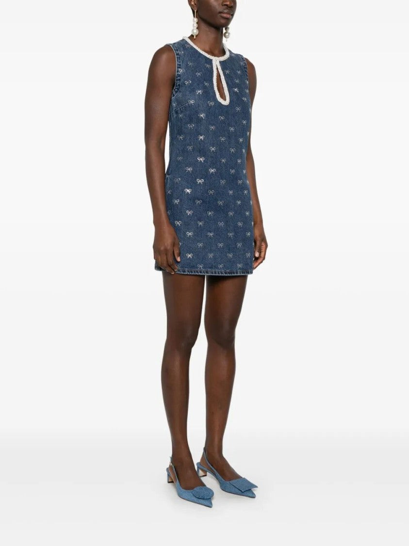Self-Portrait Denim `Diamante Bow` Mini Dress