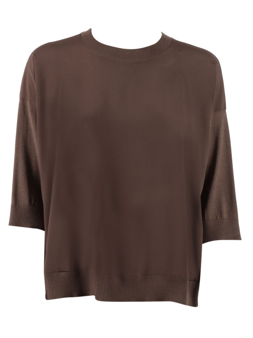 Peserico Boxy Brown Knit Sweater With Ribbed Detailing