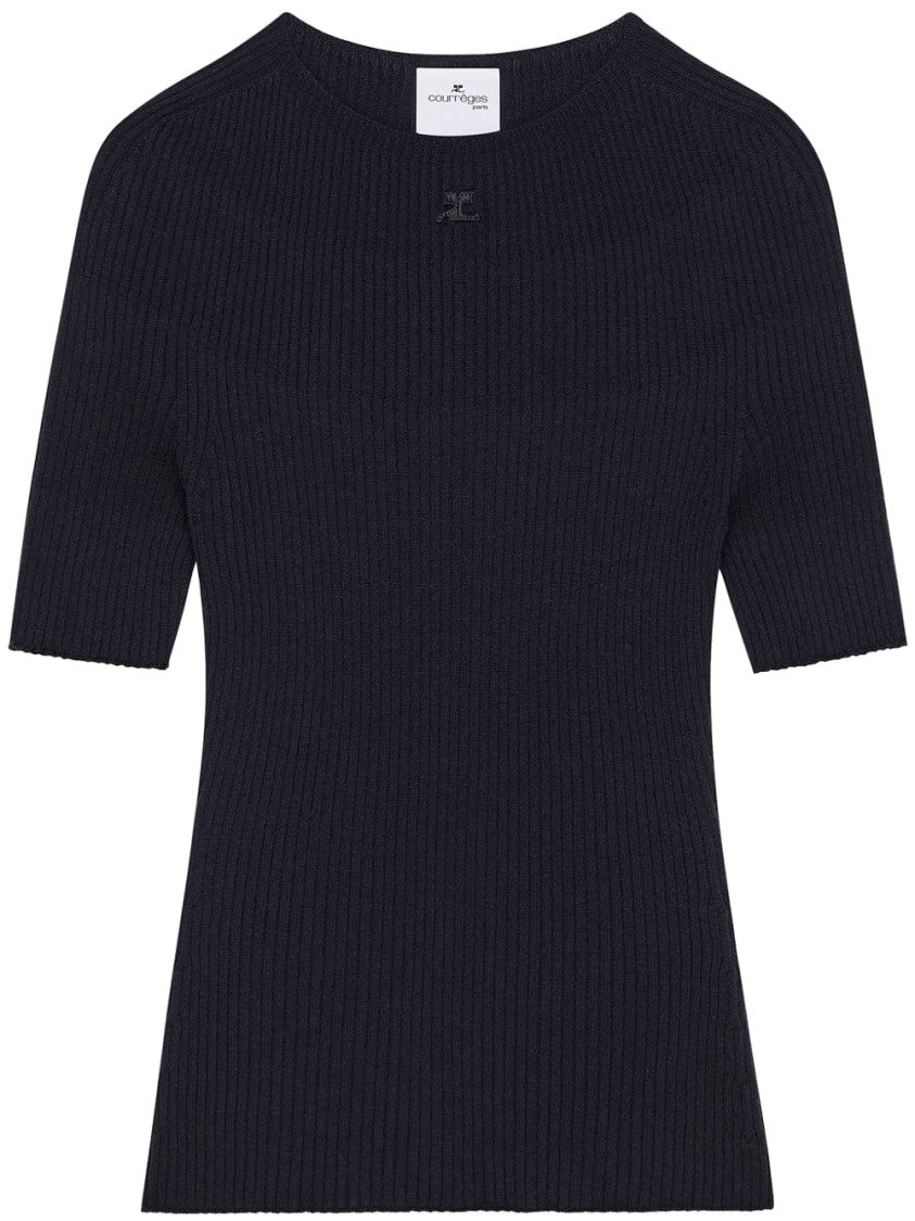 Courrèges Navy Blue Fine Ribbed Crew Neck Top