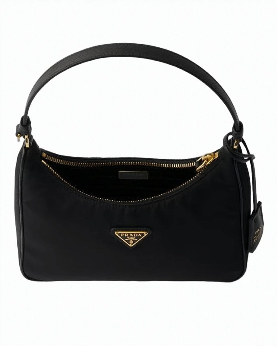 Prada Compact Black Polyamide Shoulder Bag With Leather Strap And Gold-Tone Hardware