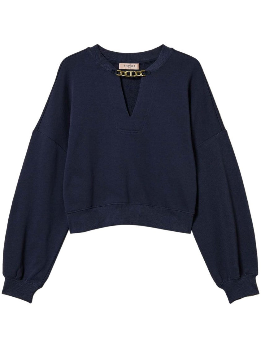 Twin-Set Cropped Black Sweatshirt With V-Neckline