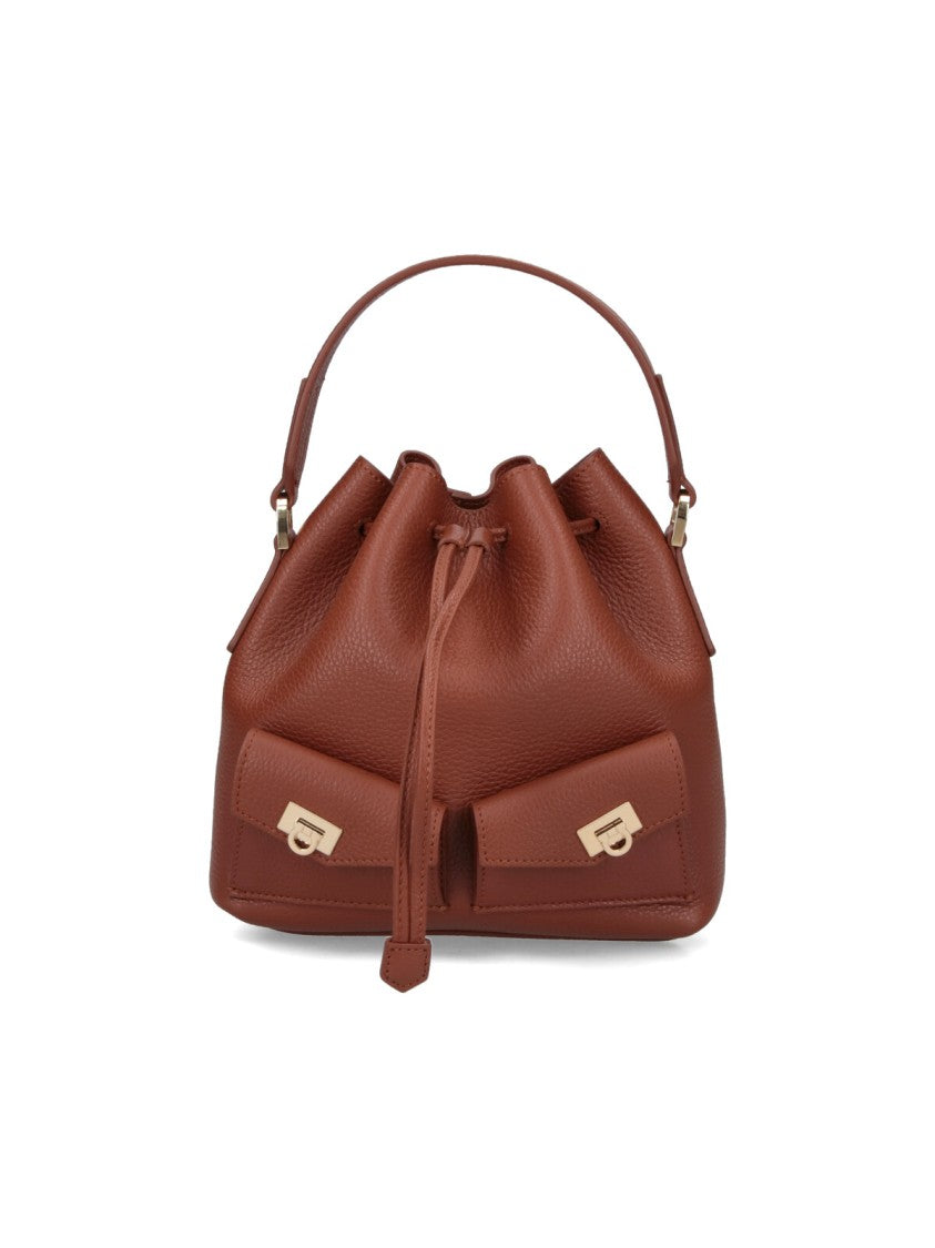 Ferragamo Textured Brown Calfskin Bucket Bag With Adjustable Strap