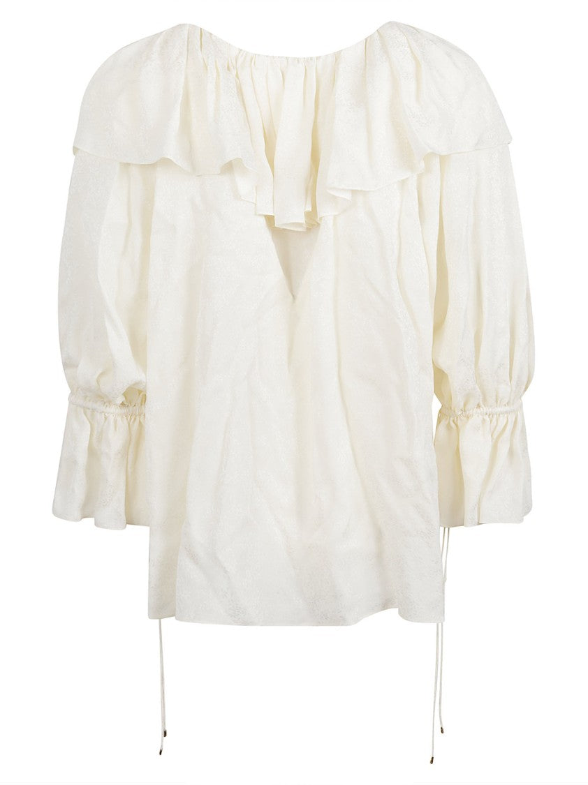 Chloé Ornamental Jacquard Silk Blouse With Ruffled Neckline
