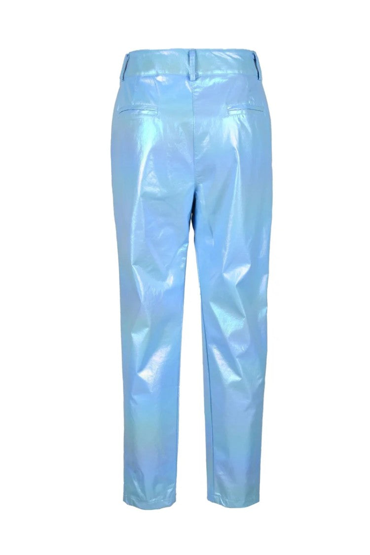 Aniye By Light Blue Faux Leather Trousers With Tailored Fit And Front Pleats