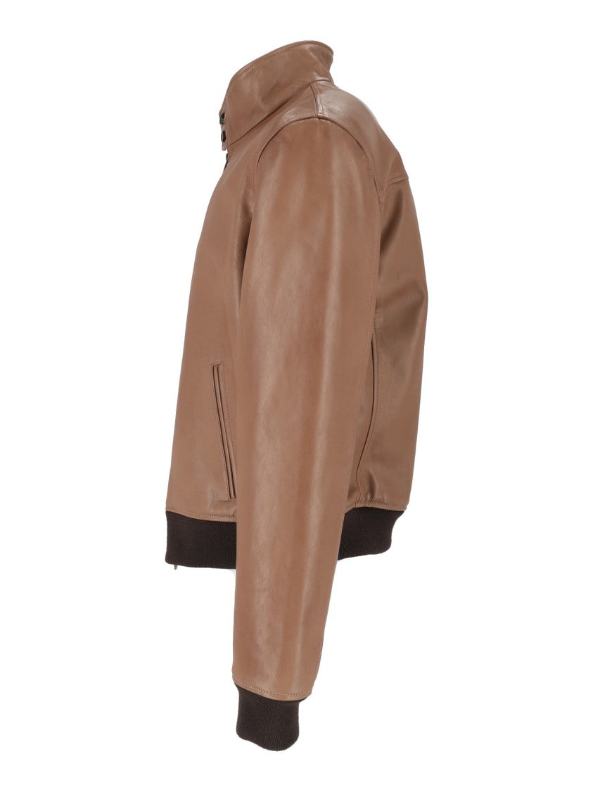 Stewart Brown Leather Jacket With Ribbed Knit Details
