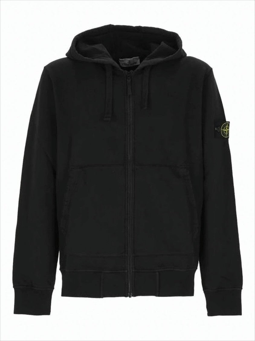 Stone Island Black Zip-Up Hoodie With Distinctive Patch Logo